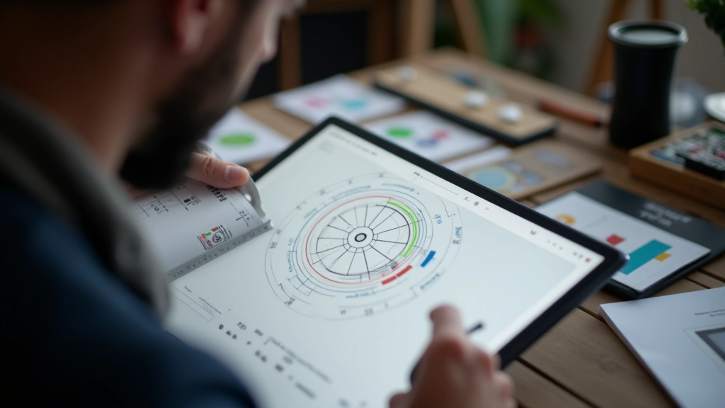 Designer skicuje radiální menu strukturu s měřítky vzdálenosti a úhly mezi jednotlivými prvky
